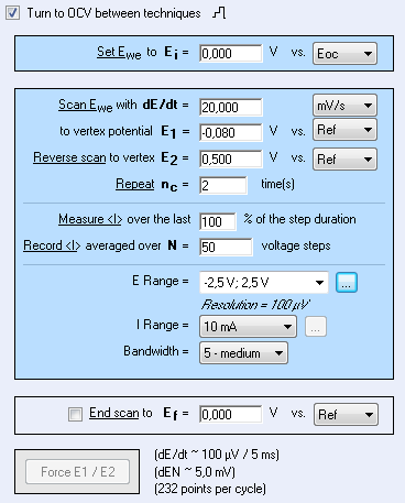 Voltammetry settings window.