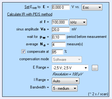  “Parameters Settings” window of ZIR experiment.