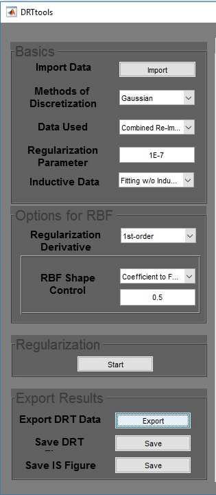 DRTtools interface window showing the parameters used to produce data shown in Fig. 5. Here the data from the second circuit are shown.