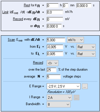 Linear Scan Voltammetry (LSV) settings.