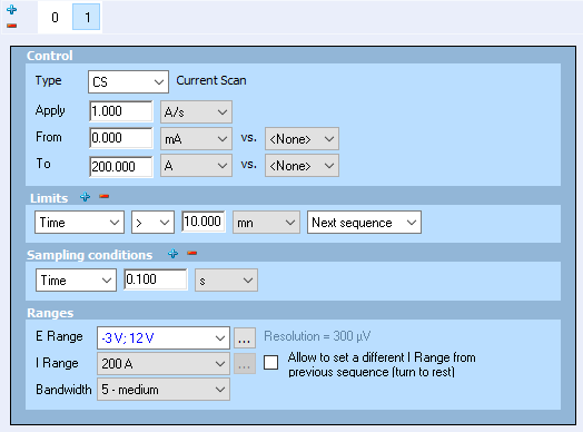 Settings of current scan at 1 A/s with a ModuloBat (MB) technique in the Current Scan (CS) mode.