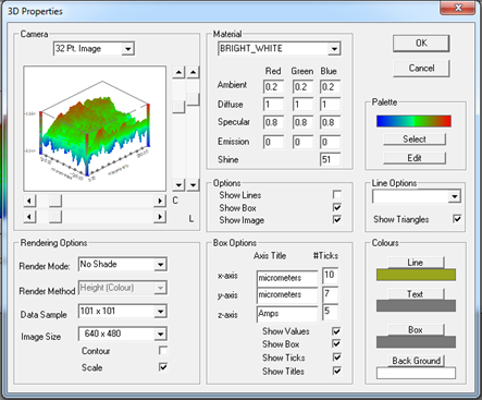 The 3D Properties menu allows the user to control the camera and lighting angles of the map, the material properties and colour palette of the map, and the rendering style of the 3D map.