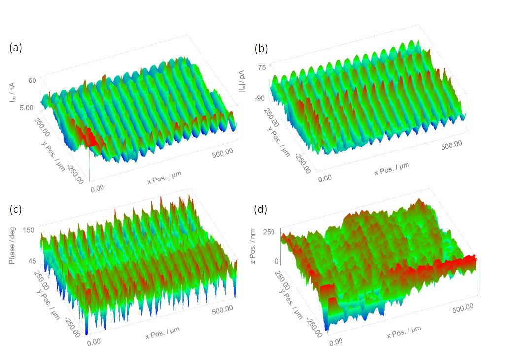 ic-SECM maps measured for an IDA electrode in 5 x 10-3 mol L-1 KI/ 100 x 10-3 mol L-1 KCl. (a) The dc current signal. (b) The ac current signal. (c) The ac phase signal. (d) The sample topography. 