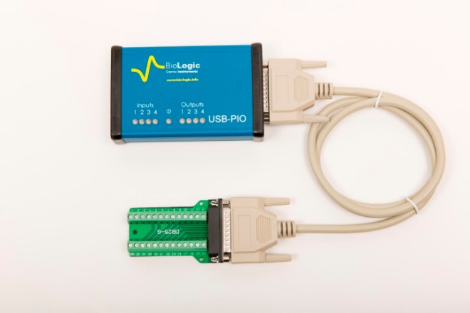 The USB-PIO connected to the supplied break-out PCB. This image is representative only. The user should ensure their break-out PCB is correctly housed for their experimental setup.