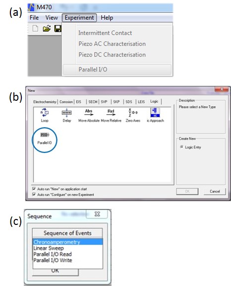 The USB-PIO can be controlled in one of three ways in the Scanning Electrochemical Workstation Software. (a) As a standalone experiment from the “Experi-ment” drop down menu. (b) As a “Logic” step in an experimental sequence. (c) As part of the sequence of events during a MME. 