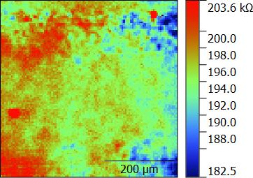 An ac-SECM measurement was performed on a commercial anode material in 0.1 mol/L TBA-I in PC. 