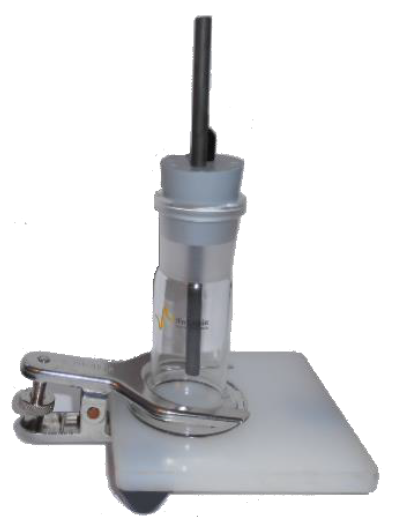 Coating cell with a carbon rod counter electrode and an Ag/AgCl reference electrode.