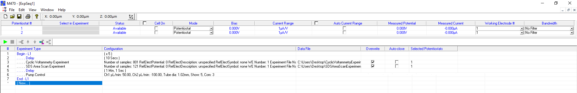 Window showing an example sequence in the M470 software. 